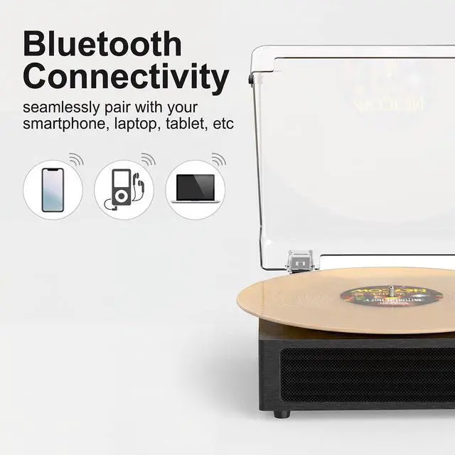 Alt view image 4 of 6 - Bluetooth Turntable Vinyl Record Player, 3-Speed Record Player with Built-in Speakers,USB Recording, AUX in Auto Stop, Belt-Drive LP Player Grey