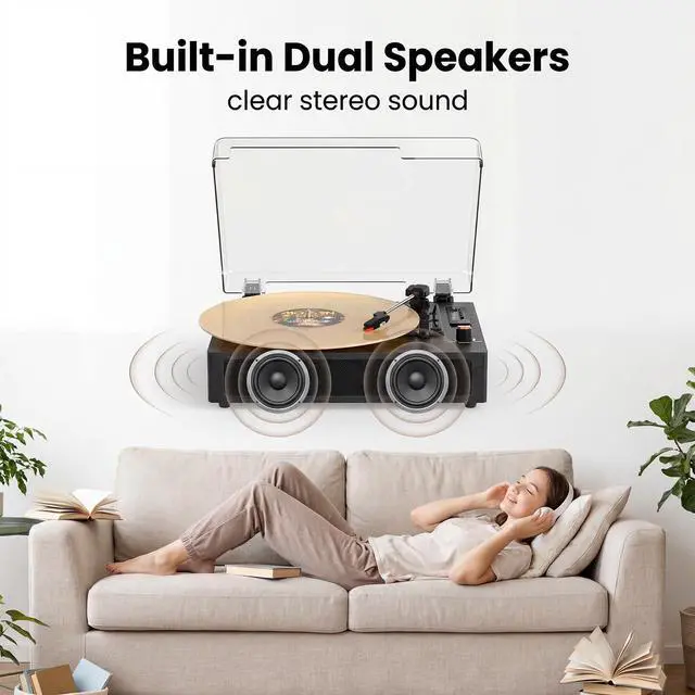Alt view image 6 of 6 - Bluetooth Turntable Vinyl Record Player, 3-Speed Record Player with Built-in Speakers,USB Recording, AUX in Auto Stop, Belt-Drive LP Player Grey