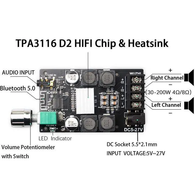 Alt view image 2 of 6 - 50W+50W Bluetooth 5.0 Amplifier Board,100w Audio Amp Board Dual Channel DC8-24V,Easy Installation and Password Free Connect to Phone Quietly