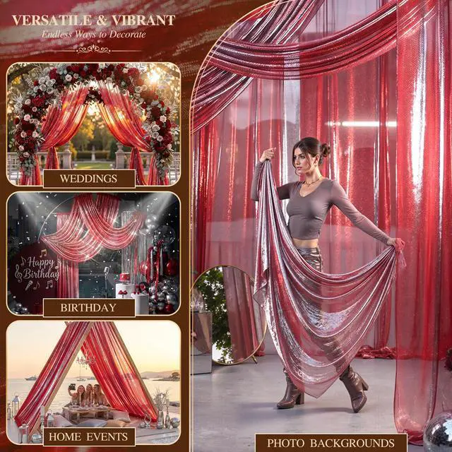 Alt view image 4 of 7 - Wedding Arch Draping Fabric 28" x19FT Wine Red Shimmery Sheer Fabric Drapes 2 Panels Arch Backdrop Curtains for Wedding Decor Ceremony Birthday Party Baby Shower Home Decoration