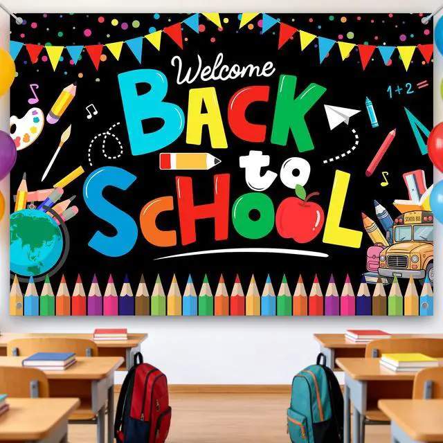 Alt view image 6 of 7 - Welcome Back to School Backdrop 7x5ft Happy 1st Day of School Party Photo Booth Props Decor Sign