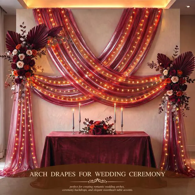 Alt view image 5 of 7 - Wedding Arch Draping Fabric 28" x19FT Wine Red Shimmery Sheer Fabric Drapes 2 Panels Arch Backdrop Curtains for Wedding Decor Ceremony Birthday Party Baby Shower Home Decoration