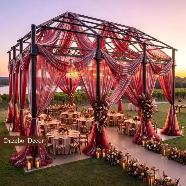 Alt view image 7 of 7 - Wedding Arch Draping Fabric 28" x19FT Wine Red Shimmery Sheer Fabric Drapes 2 Panels Arch Backdrop Curtains for Wedding Decor Ceremony Birthday Party Baby Shower Home Decoration
