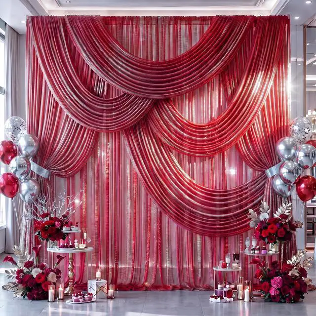 Main image of Wedding Arch Draping Fabric 28" x19FT Wine Red Shimmery Sheer Fabric Drapes 4 Panels Arch Backdrop Curtains for Wedding Decor Ceremony Birthday Party Baby Shower Home Decoration