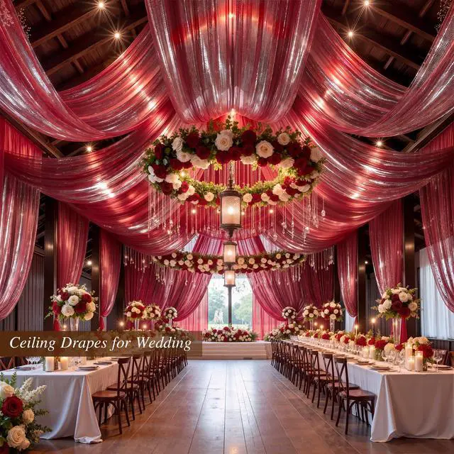 Alt view image 7 of 7 - Wedding Arch Draping Fabric 28" x19FT Wine Red Shimmery Sheer Fabric Drapes 4 Panels Arch Backdrop Curtains for Wedding Decor Ceremony Birthday Party Baby Shower Home Decoration