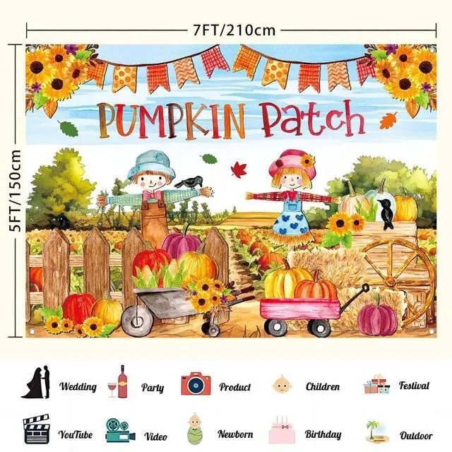 Alt view image 3 of 7 - 7x5ft Fall Pumpkin Patch Backdrop Banner Fall Thanksgiving Party Decorations Large Autumn Harvest Farm Pumpkin Photography Background Thanksgiving Day Yard Party Decor Outdoor