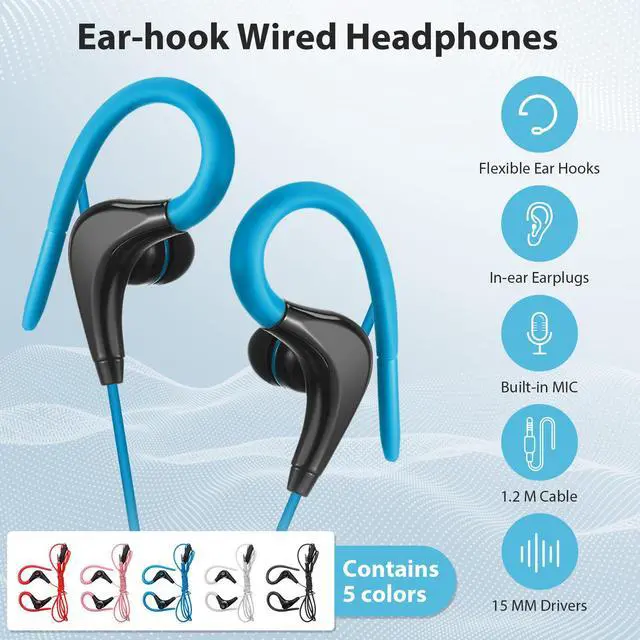 Alt view image 2 of 6 - 30 Pcs Over The Ear Earbuds Wired Sport Running Earphones Bulk 3.5 MM Plug Jack Wired Earbuds with Microphone Sweatproof Wrap Around Headphones with Over Ear Hook, 5 Colors