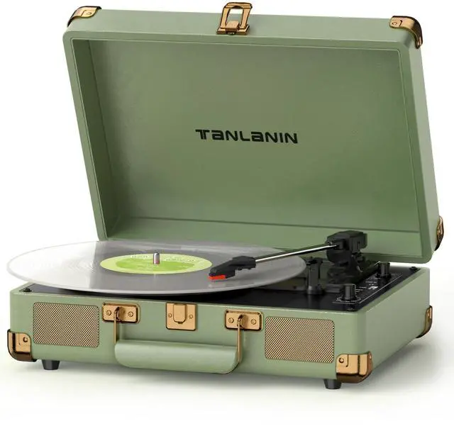 Main image of Suitcase Record Player with Bluetooth, 3-Speed Belt-Drive Portable Turntable, Built-in Stereo Speakers, Vinyl-to-MP3 USB Recording, RCA & Headphone Output, AUX Input, Sage Green