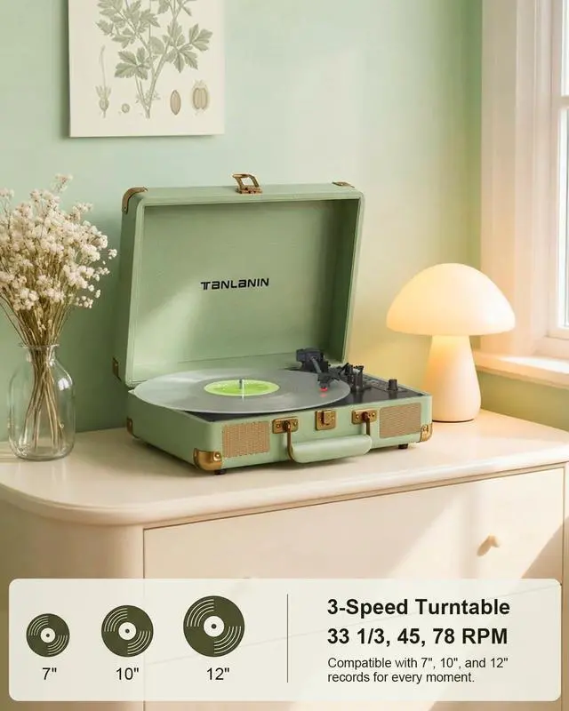 Alt view image 2 of 7 - Suitcase Record Player with Bluetooth, 3-Speed Belt-Drive Portable Turntable, Built-in Stereo Speakers, Vinyl-to-MP3 USB Recording, RCA & Headphone Output, AUX Input, Sage Green