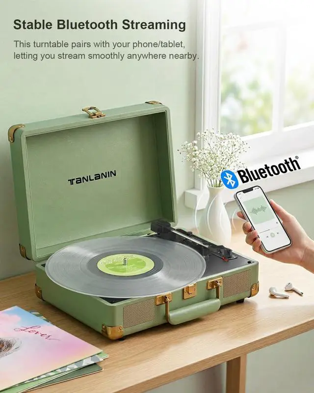 Alt view image 3 of 7 - Suitcase Record Player with Bluetooth, 3-Speed Belt-Drive Portable Turntable, Built-in Stereo Speakers, Vinyl-to-MP3 USB Recording, RCA & Headphone Output, AUX Input, Sage Green