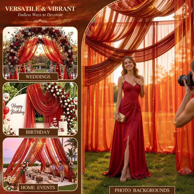Alt view image 4 of 7 - Wedding Arch Draping Fabric 28" x19FT Burnt Maple Shimmery Sheer Fabric Drapes 2 Panels Arch Backdrop Curtains for Wedding Decor Ceremony Birthday Party Baby Shower Home Decoration