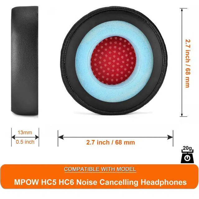 Alt view image 3 of 7 - HC5 HC6 Ear Pads - Replacement Ear Cushion Cover Compatible with MPOW HC5 HC6 Noise Cancelling Headphones,Softer Leather,High-Density Noise Cancelling Foam