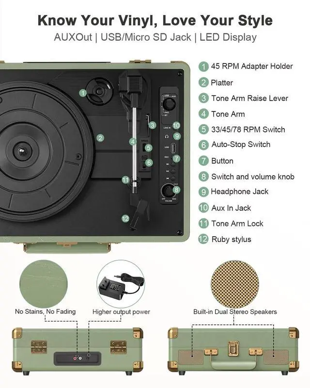 Alt view image 6 of 7 - Suitcase Record Player with Bluetooth, 3-Speed Belt-Drive Portable Turntable, Built-in Stereo Speakers, Vinyl-to-MP3 USB Recording, RCA & Headphone Output, AUX Input, Sage Green