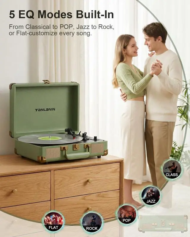 Alt view image 7 of 7 - Suitcase Record Player with Bluetooth, 3-Speed Belt-Drive Portable Turntable, Built-in Stereo Speakers, Vinyl-to-MP3 USB Recording, RCA & Headphone Output, AUX Input, Sage Green