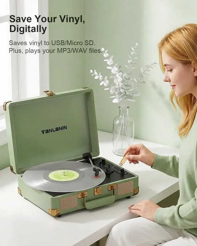 Alt view image 5 of 7 - Suitcase Record Player with Bluetooth, 3-Speed Belt-Drive Portable Turntable, Built-in Stereo Speakers, Vinyl-to-MP3 USB Recording, RCA & Headphone Output, AUX Input, Sage Green