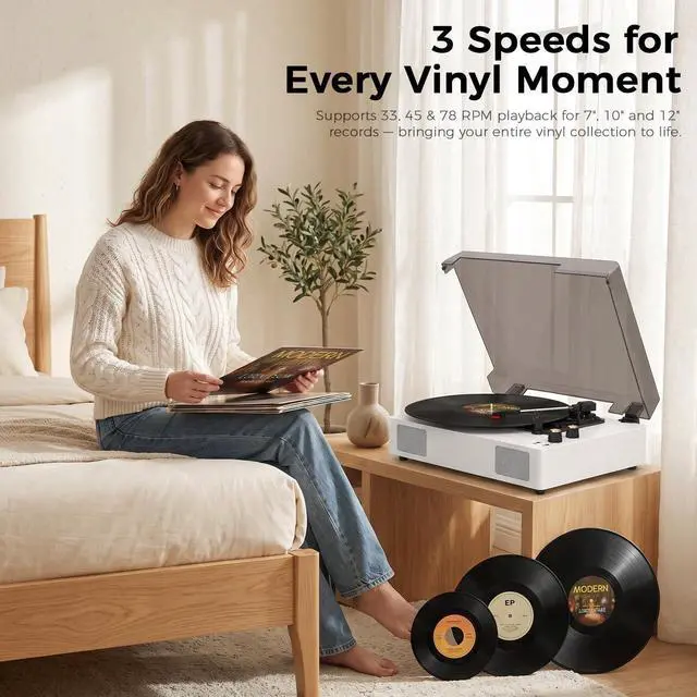 Alt view image 3 of 6 - White Bluetooth Record Player, 3-Speed Belt Drive Turntable | Classic white design with Bluetooth, 3-speed playback, built-in speakers, auto stop, AUX, RCA and headphone output