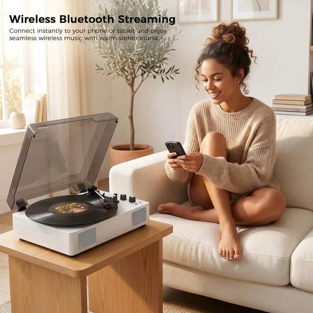 Alt view image 5 of 6 - White Bluetooth Record Player, 3-Speed Belt Drive Turntable | Classic white design with Bluetooth, 3-speed playback, built-in speakers, auto stop, AUX, RCA and headphone output