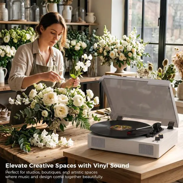 Alt view image 6 of 6 - White Bluetooth Record Player, 3-Speed Belt Drive Turntable | Classic white design with Bluetooth, 3-speed playback, built-in speakers, auto stop, AUX, RCA and headphone output