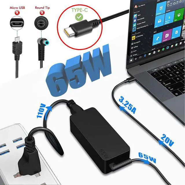 Alt view image 2 of 6 - 65W USB-C Laptop Charger,Compatible with Lenovo Thinkpad Chromebook ADLX65YCC3A/ADLX65YDC2A & Dell,HP,Asus,Acer...All Type-C Series Power Adapter