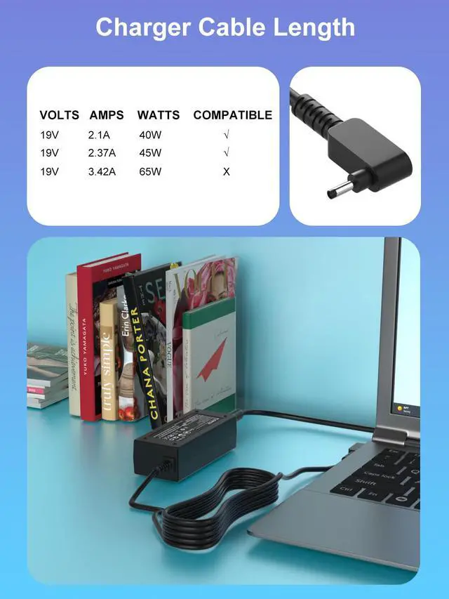 Alt view image 2 of 7 - 45W AC Adapter Compatible with Samsung Ativ Book 9/9 Plus/ 9 Lite/ 9 Spin Laptop Model A13-040N2A PA-1400-96 AD-4019A 19V 2.37A Charger