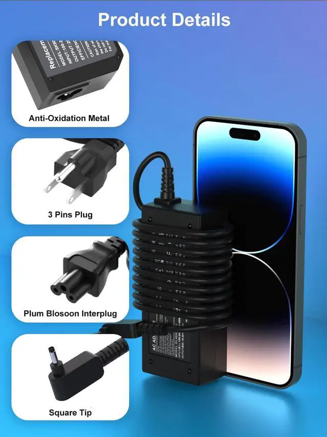 Alt view image 6 of 7 - 45W AC Adapter Compatible with Samsung Ativ Book 9/9 Plus/ 9 Lite/ 9 Spin Laptop Model A13-040N2A PA-1400-96 AD-4019A 19V 2.37A Charger