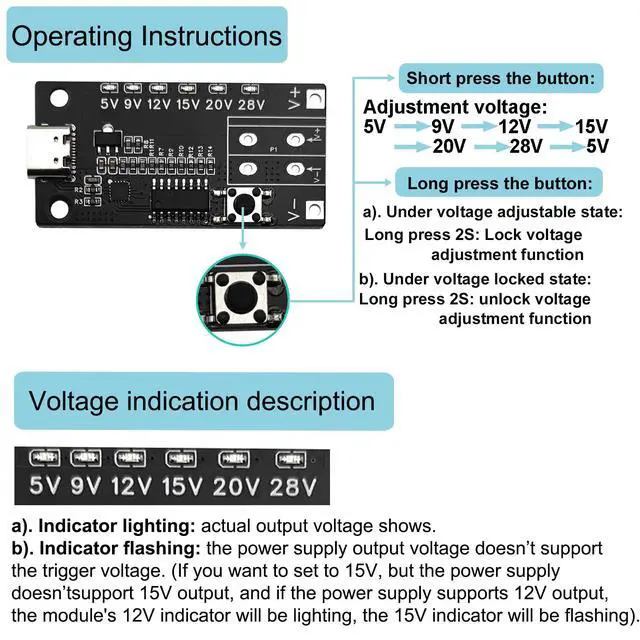 Alt view image 3 of 6 - 1PCS USB-C PD3.0/3.1 QC Trigger Board 5V 9V 12V 15V 20V 28V 5A Adjustable Voltage Trigger Module Type-C Female Input with Indicator
