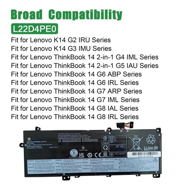 Alt view image 5 of 6 - L22D4PE0 Laptop Battery Replacement for Lenovo ThinkBook 14 G6 ABP IRL K14 G2 IRU Series SB11N47444 5B11N47434 SB11L67325 5B11L67329 L22B4PE0 SB11L67319 5B11L67335 L22M4PE0 15.36V 60Wh