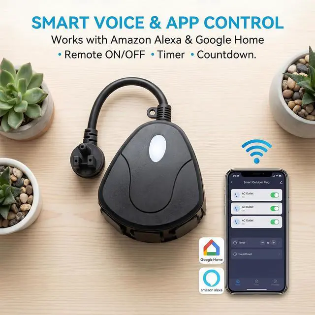 Alt view image 2 of 7 - Outdoor Smart Plug 3 Outlets WiFi Power Strip, 15A 1875W Weatherproof Surge Protector with Timer Countdown, Compatible with Alexa Google Home, 2.4GHz
