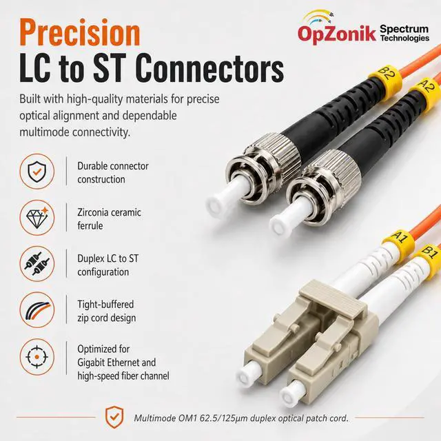 Alt view image 5 of 7 - 3M LC to ST Fiber Optic Patch Cable Multimode OM1 Duplex 62.5/125µm Optical Patch Cord 1G/10G Fiber Optic Cable LC-ST 3 Meter (9.8ft)