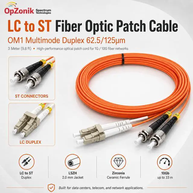 Alt view image 2 of 7 - 3M LC to ST Fiber Optic Patch Cable Multimode OM1 Duplex 62.5/125µm Optical Patch Cord 1G/10G Fiber Optic Cable LC-ST 3 Meter (9.8ft)
