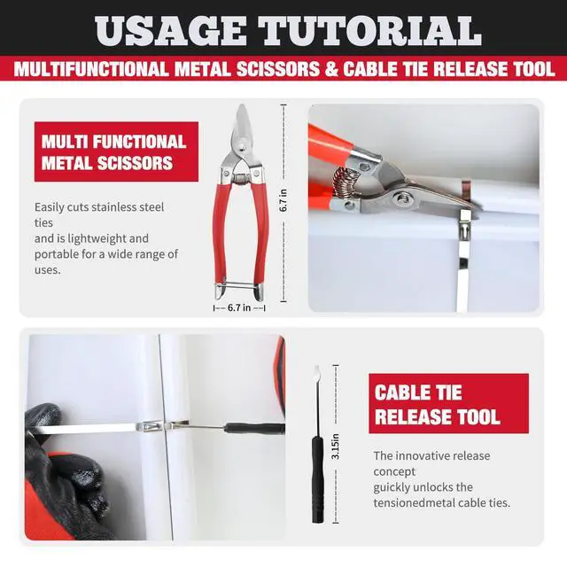 Alt view image 5 of 7 - Metal Zip Ties with Stainless Steel Cable Tie Gun, Special Tool For Fastening and Cutting Steel Zip Ties, 50 Each of 8, 12, 16 Inch Uv Resistant chain link fence Parts For Fence Exhaust Pipe Outdoor