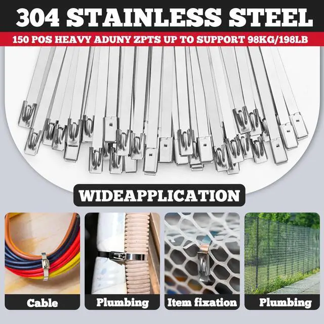 Alt view image 3 of 7 - Metal Zip Ties with Stainless Steel Cable Tie Gun, Special Tool For Fastening and Cutting Steel Zip Ties, 50 Each of 8, 12, 16 Inch Uv Resistant chain link fence Parts For Fence Exhaust Pipe Outdoor