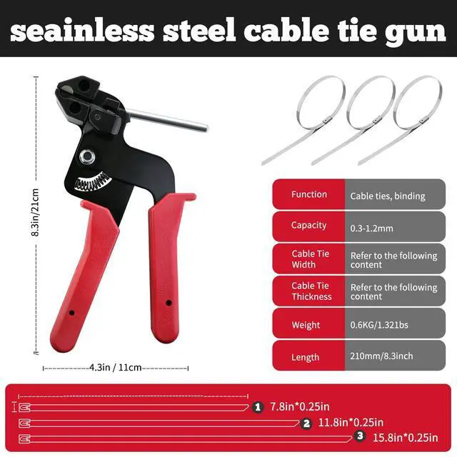 Alt view image 2 of 7 - Metal Zip Ties with Stainless Steel Cable Tie Gun, Special Tool For Fastening and Cutting Steel Zip Ties, 50 Each of 8, 12, 16 Inch Uv Resistant chain link fence Parts For Fence Exhaust Pipe Outdoor