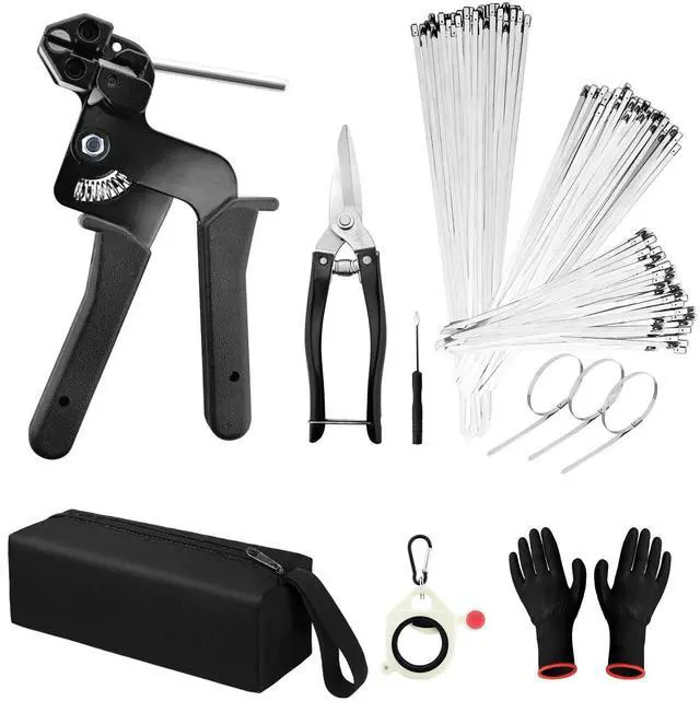 Main image of Metal Zip Ties with Stainless Steel Cable Tie Gun, Special Tool For Fastening and Cutting Steel Zip Ties, 50 Each of 8, 12, 16 Inch Uv Resistant chain link fence Parts For Fence Exhaust Pipe Outdoor