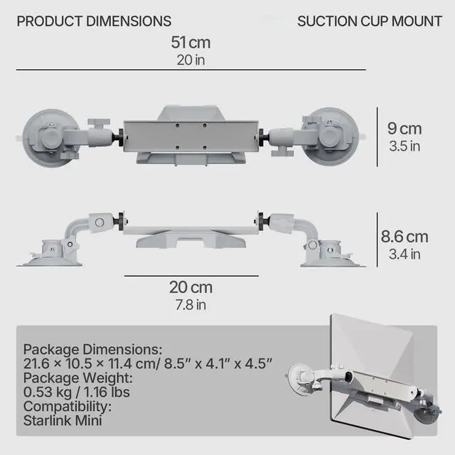 Alt view image 2 of 6 - Starlink Mini Suction Cup Car Mount 360° Adjustable, Dual Strong Suction & Quick-Release Antenna Bracket for Window & Sunroof, Portable Secure Mount for RV, Boat & Travel