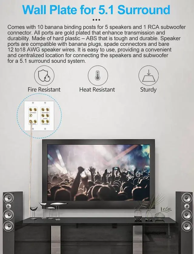 Alt view image 5 of 7 - Home Theater 5.1 Surround Sound Distribution Wall Plate | 10 Banana Binding Post Coupler, For 5 Speakers, 1 RCA for Subwoofer