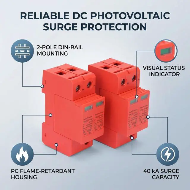Alt view image 3 of 7 - 2Pcs SPD Protective Devices, DC Photovoltaic Arrester, PC Retardant,Visual Window, 40kA Discharge Current,Nominal 20kA, 3.5kV Voltage Protection Level (DC 500V)