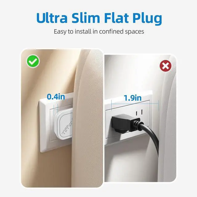 Alt view image 2 of 7 - Flat Plug Power Strip, 5 FT Flat Extension Cord, 6 Outlets with 600J Surge Protection, Wall Mountable for Home and Office