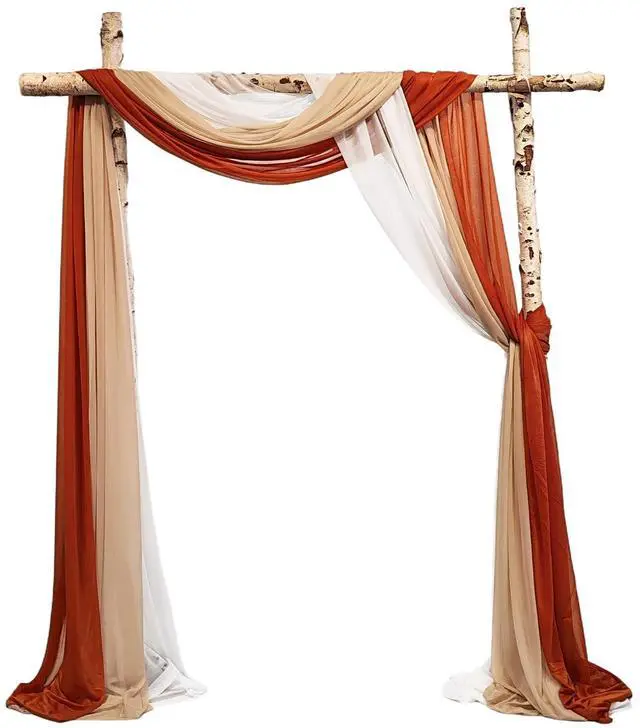 Main image of 2.5x19.5 ft Wedding Arch Draping Fabric, 3 Panels Draping Fabric Arbor Drapery for Party Bridal Ceremony Backdrop Wedding Stage Reception Decorations, Light Brown, Brick Red & White