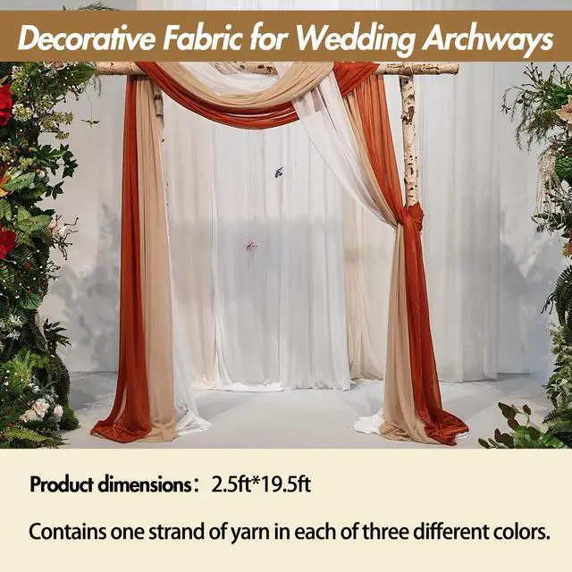 Alt view image 2 of 7 - 2.5x19.5 ft Wedding Arch Draping Fabric, 3 Panels Draping Fabric Arbor Drapery for Party Bridal Ceremony Backdrop Wedding Stage Reception Decorations, Light Brown, Brick Red & White