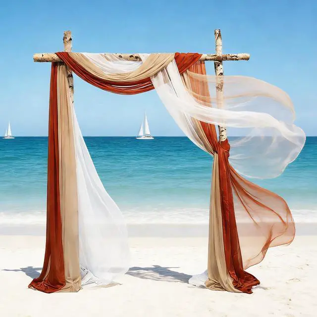 Alt view image 3 of 7 - 2.5x19.5 ft Wedding Arch Draping Fabric, 3 Panels Draping Fabric Arbor Drapery for Party Bridal Ceremony Backdrop Wedding Stage Reception Decorations, Light Brown, Brick Red & White