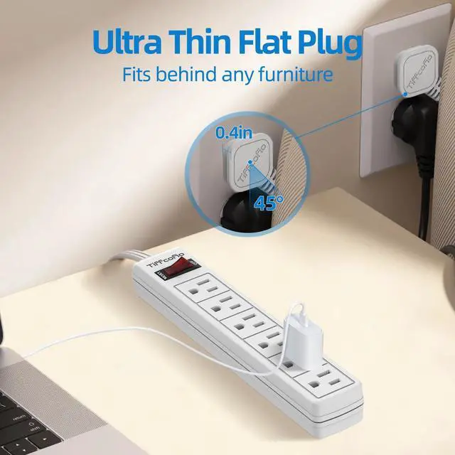 Alt view image 5 of 7 - Flat Plug Power Strip, 5 FT Flat Extension Cord, 6 Outlets with 600J Surge Protection, Wall Mountable for Home and Office