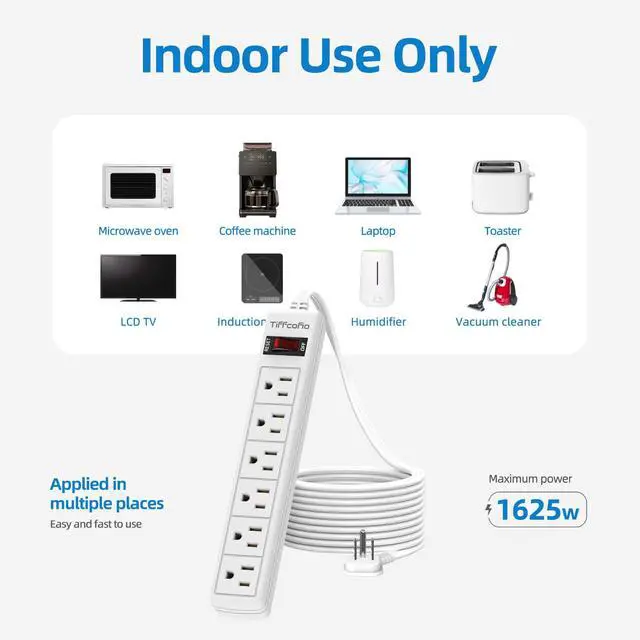 Alt view image 7 of 7 - Flat Plug Power Strip, 5 FT Flat Extension Cord, 6 Outlets with 600J Surge Protection, Wall Mountable for Home and Office
