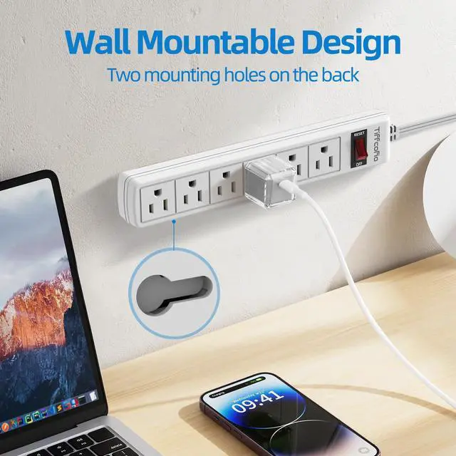 Alt view image 6 of 7 - Flat Plug Power Strip, 5 FT Flat Extension Cord, 6 Outlets with 600J Surge Protection, Wall Mountable for Home and Office