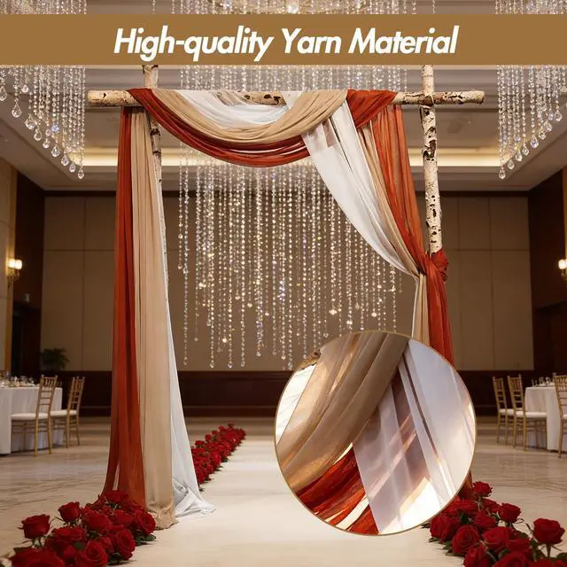 Alt view image 5 of 7 - 2.5x19.5 ft Wedding Arch Draping Fabric, 3 Panels Draping Fabric Arbor Drapery for Party Bridal Ceremony Backdrop Wedding Stage Reception Decorations, Light Brown, Brick Red & White