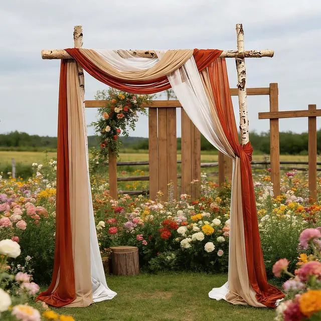 Alt view image 4 of 7 - 2.5x19.5 ft Wedding Arch Draping Fabric, 3 Panels Draping Fabric Arbor Drapery for Party Bridal Ceremony Backdrop Wedding Stage Reception Decorations, Light Brown, Brick Red & White