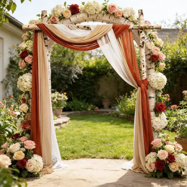 Alt view image 6 of 7 - 2.5x19.5 ft Wedding Arch Draping Fabric, 3 Panels Draping Fabric Arbor Drapery for Party Bridal Ceremony Backdrop Wedding Stage Reception Decorations, Light Brown, Brick Red & White