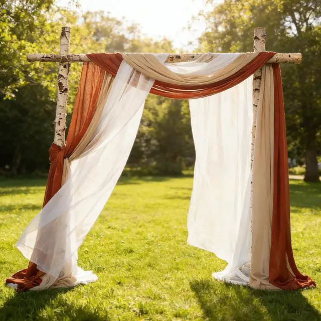 Alt view image 7 of 7 - 2.5x19.5 ft Wedding Arch Draping Fabric, 3 Panels Draping Fabric Arbor Drapery for Party Bridal Ceremony Backdrop Wedding Stage Reception Decorations, Light Brown, Brick Red & White