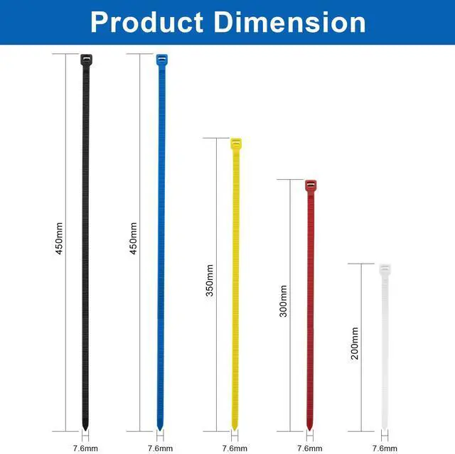 Alt view image 5 of 7 - 100PCS 18 Inch Colored Zip Ties, 120LBS Strength Heavy Duty, PA66 Nylon | 0.3 inch Wide, Assorted 5 Colors, Self-Locking UV Resistant Cable Ties for Color-Coded Cable Management