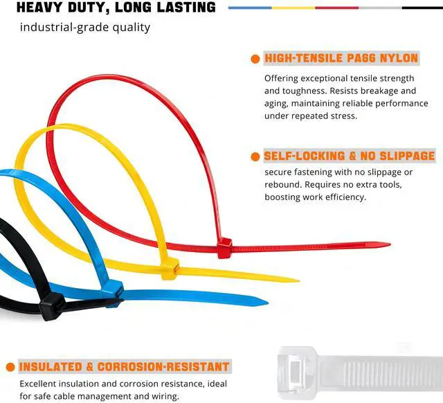 Alt view image 4 of 7 - 100PCS 18 Inch Colored Zip Ties, 120LBS Strength Heavy Duty, PA66 Nylon | 0.3 inch Wide, Assorted 5 Colors, Self-Locking UV Resistant Cable Ties for Color-Coded Cable Management